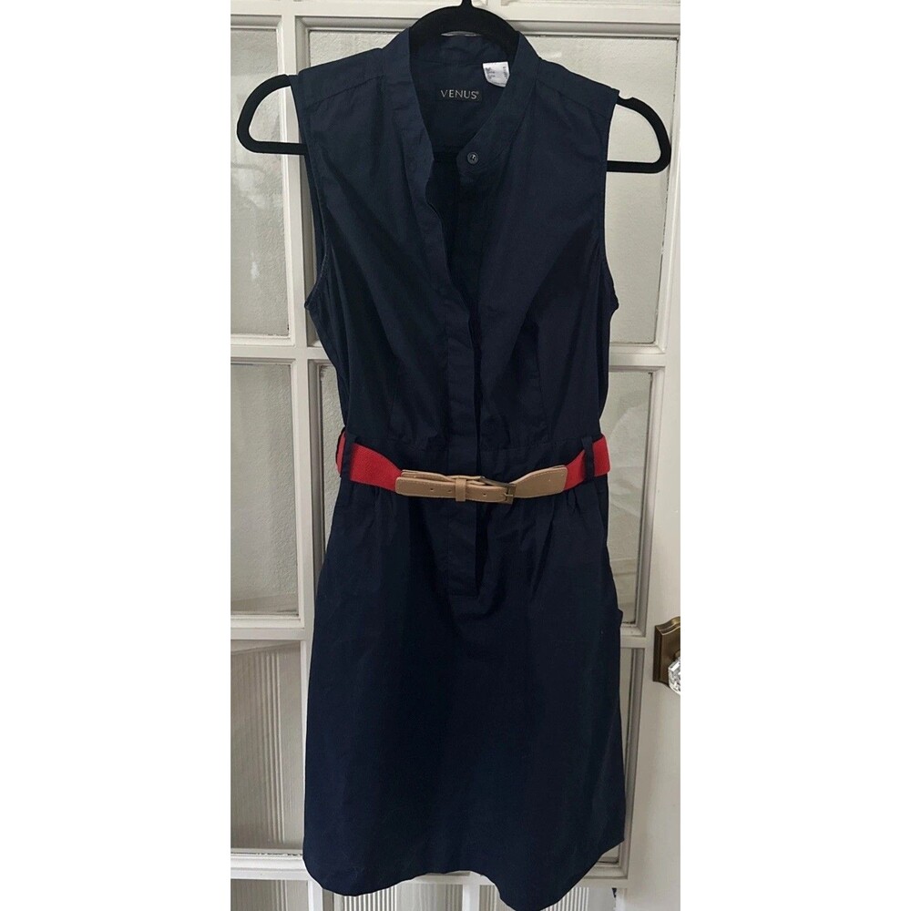 Venus Navy Belted Sleeveless Poplin Dress Womens 8 Mandarin Collar